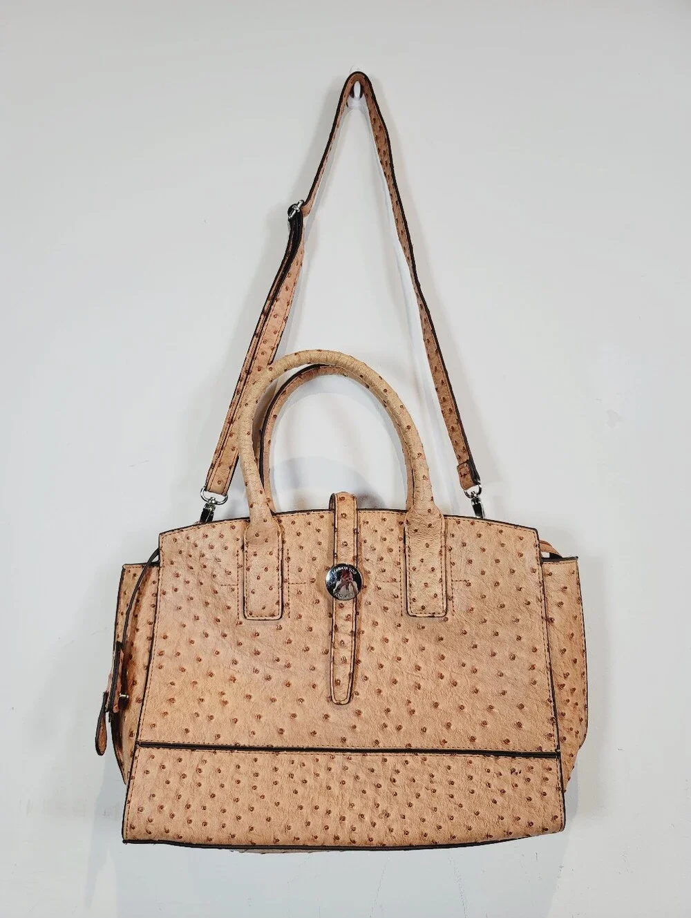 London Fog Faux Ostrich Satchel Purse in Camel Tan